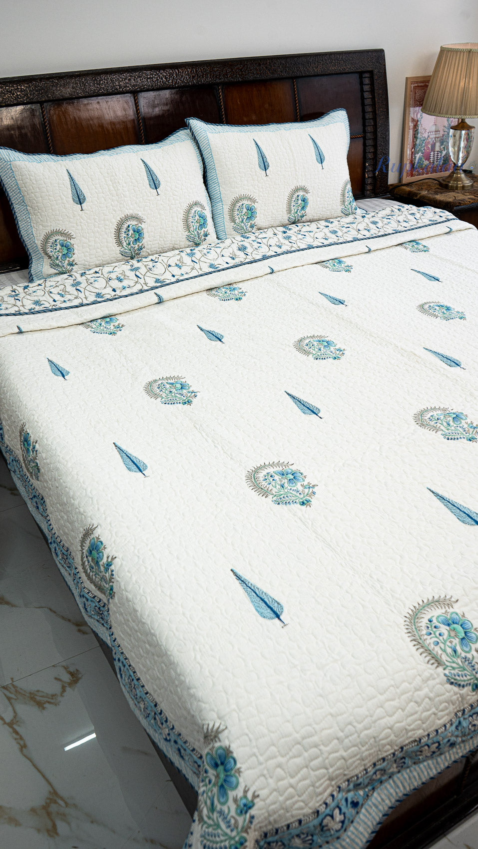 Abstract Neel Hand Block Printed Cotton Reversible Quilted Bed Cover