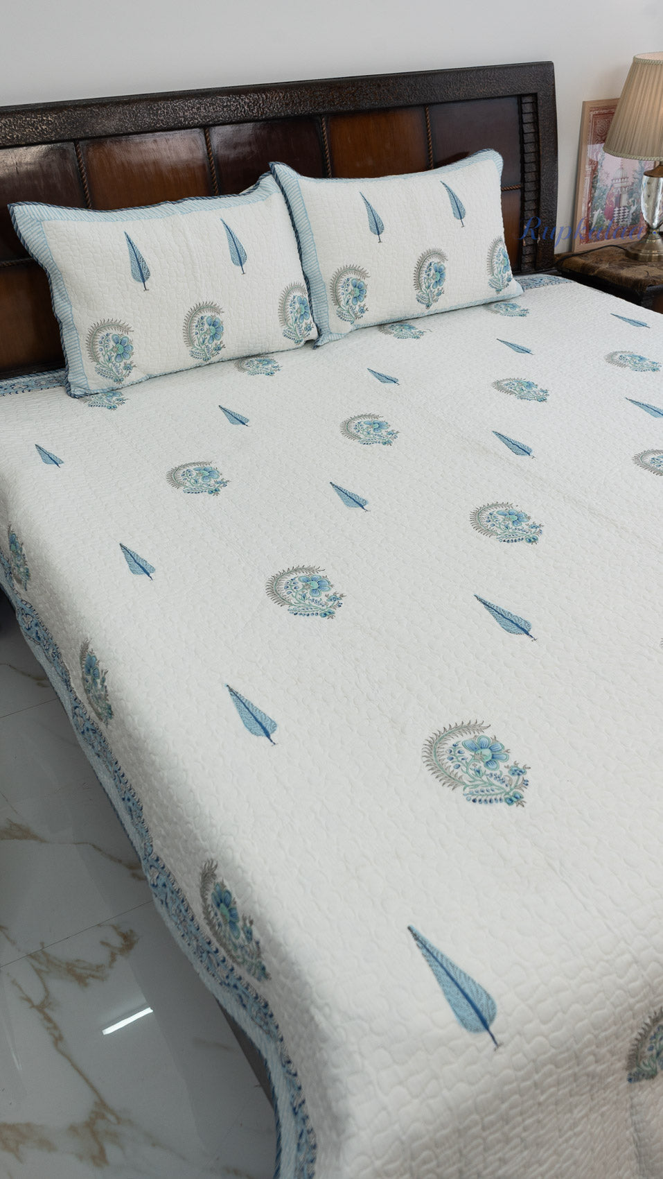 Abstract Neel Hand Block Printed Cotton Reversible Quilted Bed Cover