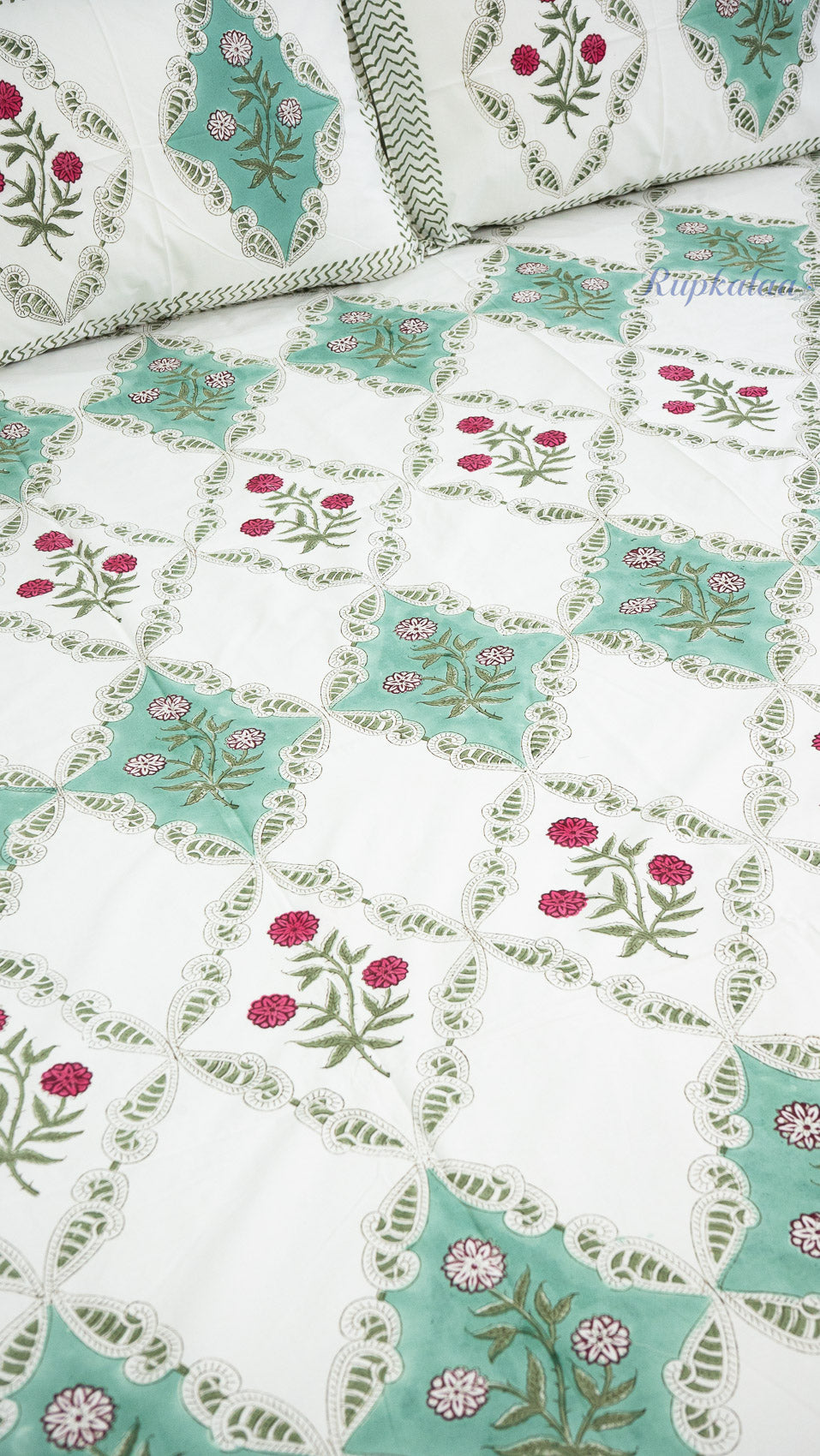 Floral Heritage Hand Block Printed Cotton Bedsheet with Two Pillow Covers