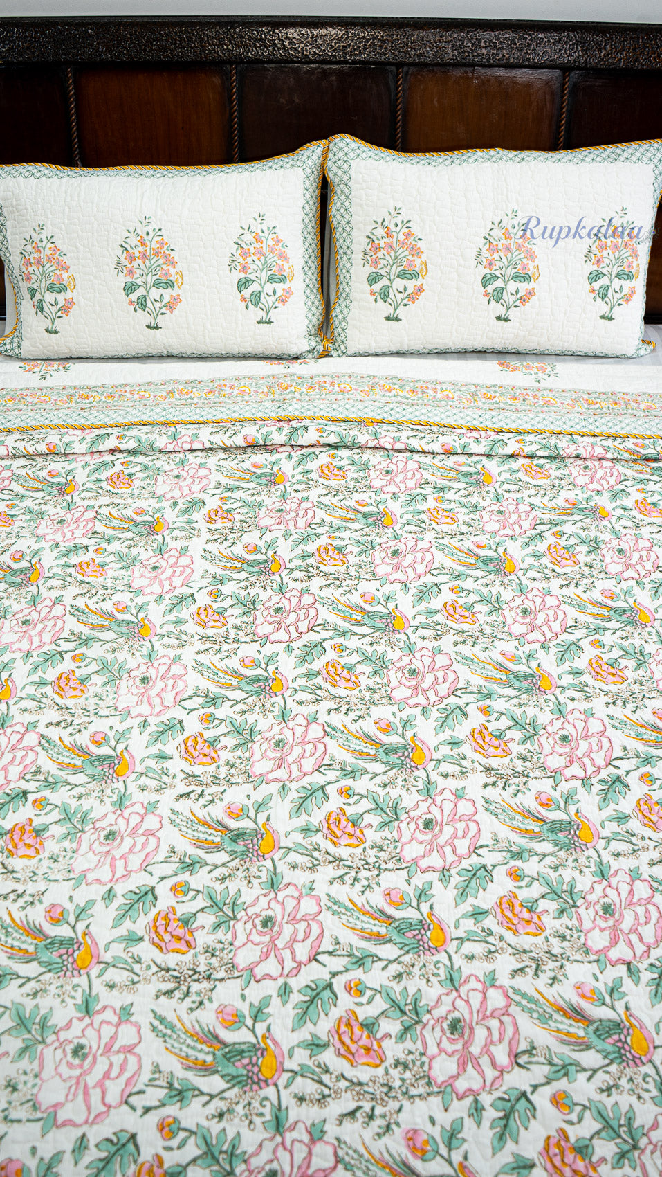 Blooming Flowers Hand Block Printed Cotton Reversible Quilted Bed Cover