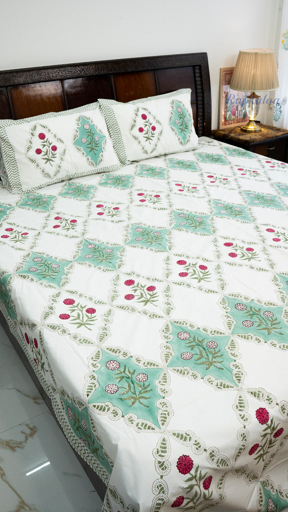 Floral Heritage Hand Block Printed Cotton Bedsheet with Two Pillow Covers