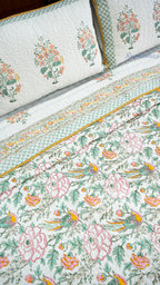 Blooming Flowers Hand Block Printed Cotton Reversible Quilted Bed Cover