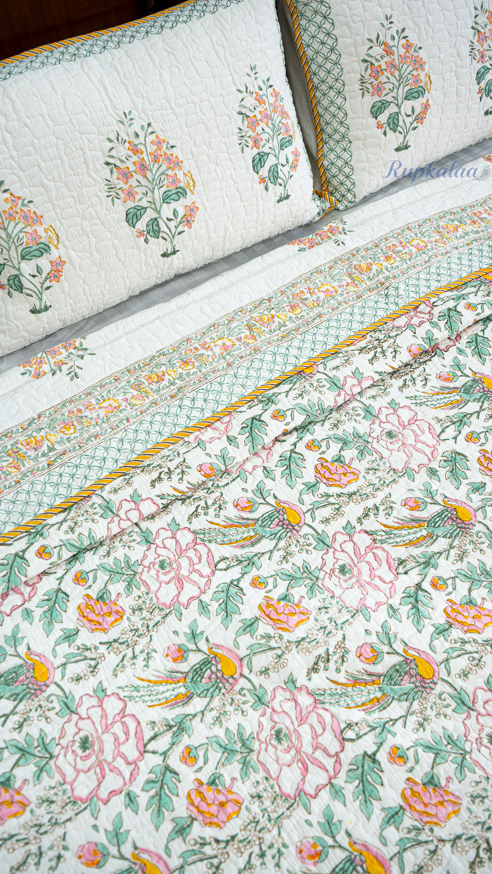 Blooming Flowers Hand Block Printed Cotton Reversible Quilted Bed Cover