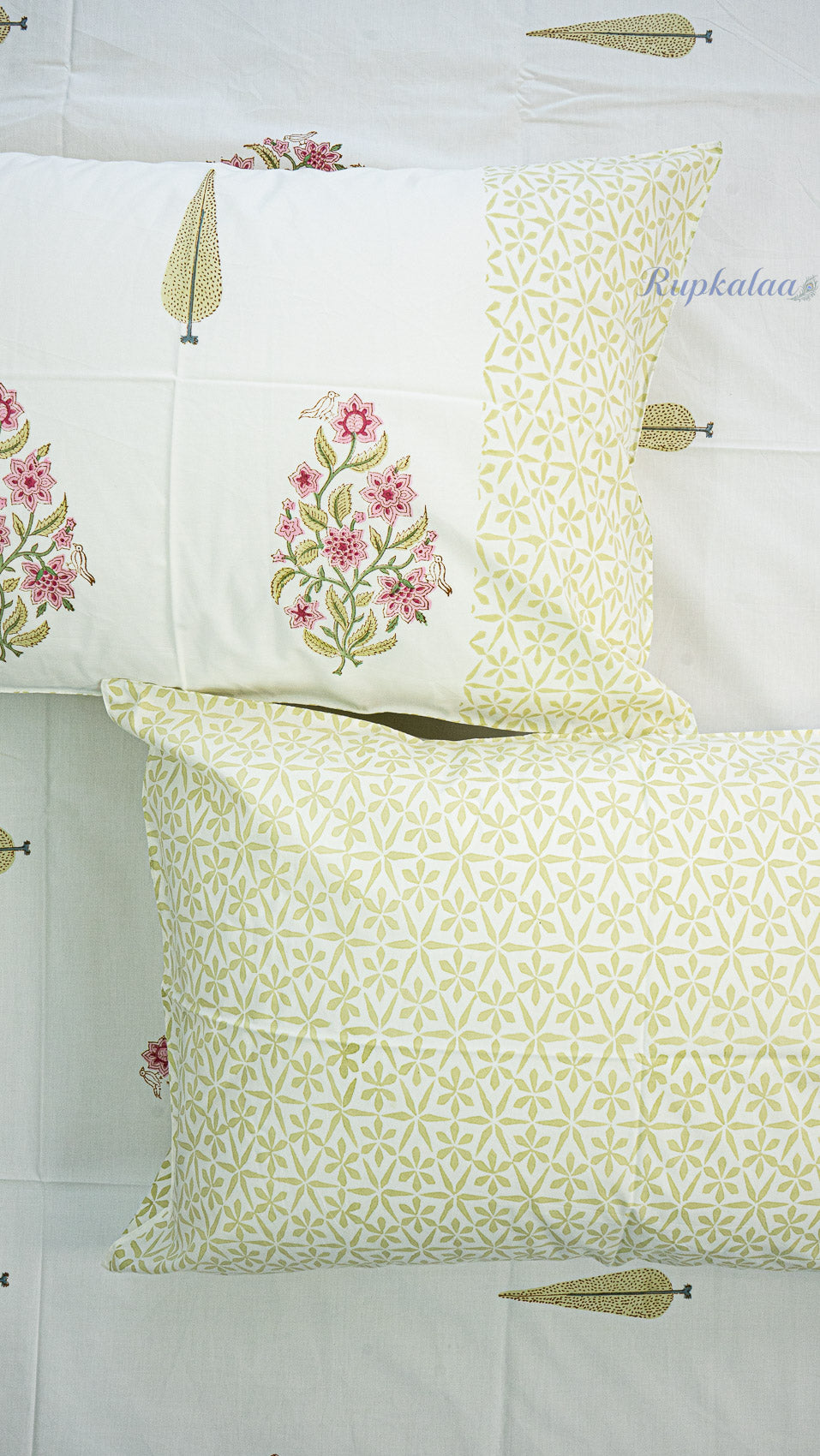 Spring Bouquet Hand Block Printed Cotton Bedsheet with Two Pillow Covers