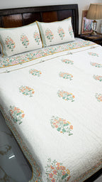 Blooming Flowers Hand Block Printed Cotton Reversible Quilted Bed Cover