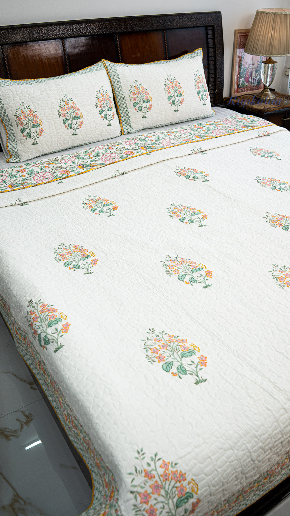 Blooming Flowers Hand Block Printed Cotton Reversible Quilted Bed Cover