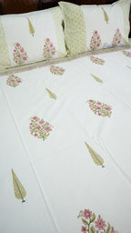 Spring Bouquet Hand Block Printed Cotton Bedsheet with Two Pillow Covers