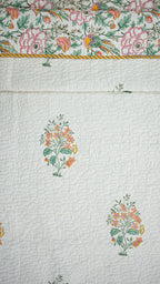 Blooming Flowers Hand Block Printed Cotton Reversible Quilted Bed Cover