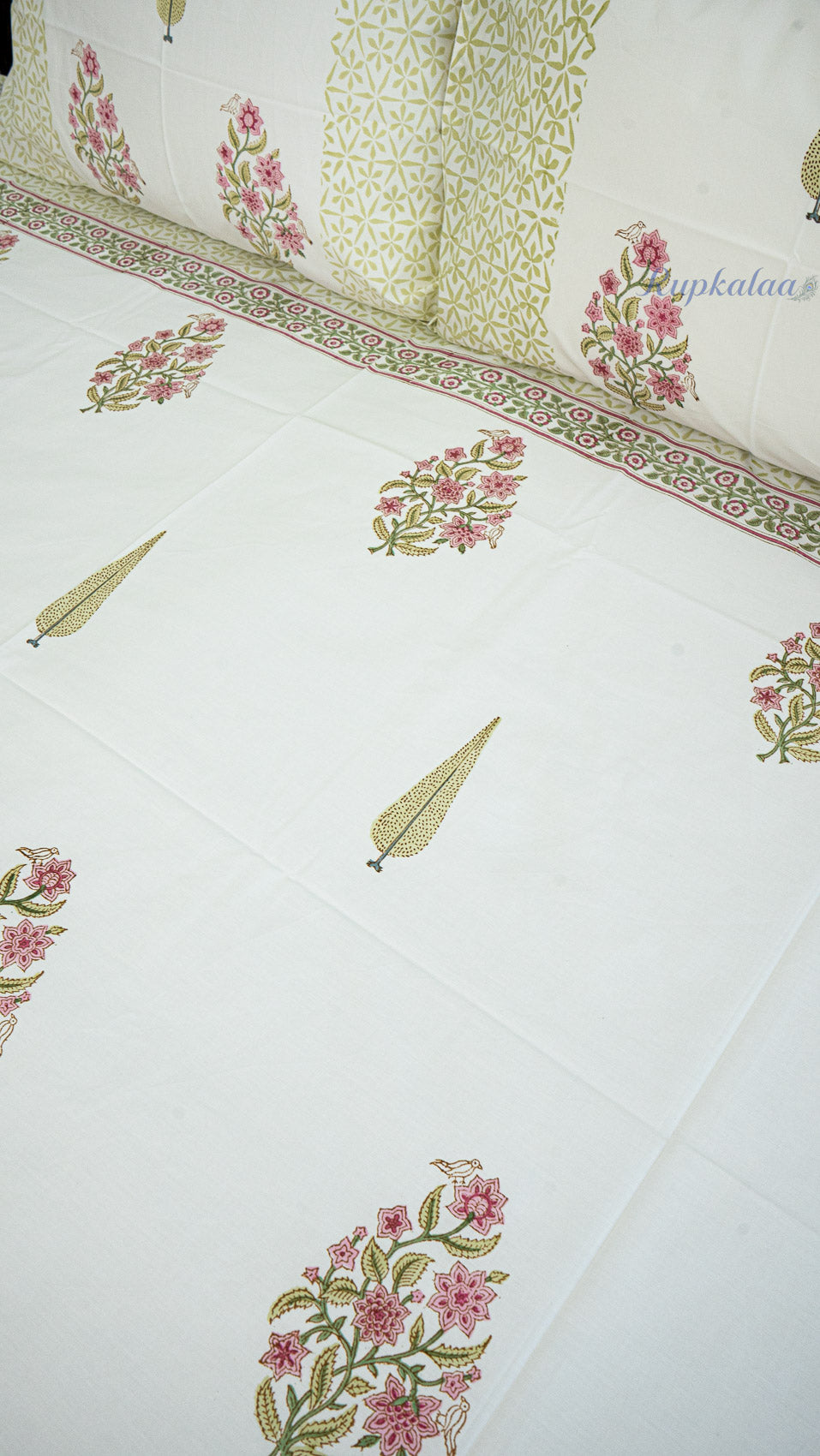 Spring Bouquet Hand Block Printed Cotton Bedsheet with Two Pillow Covers