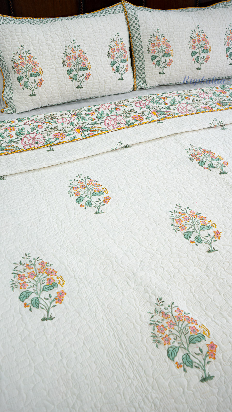 Blooming Flowers Hand Block Printed Cotton Reversible Quilted Bed Cover