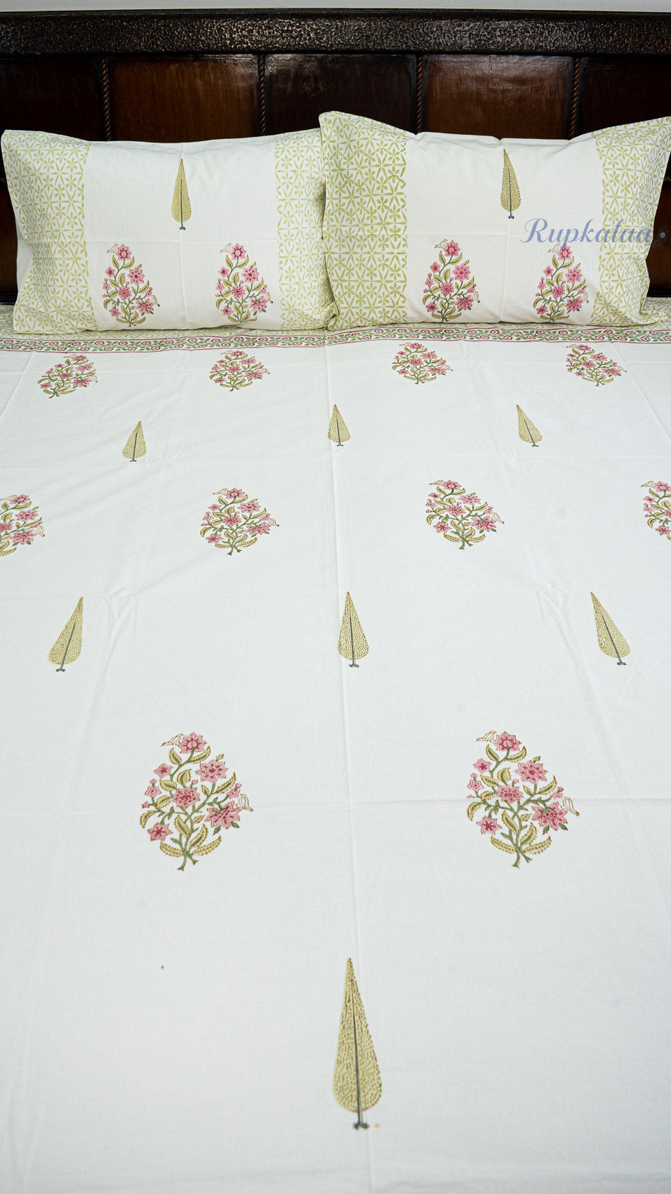Spring Bouquet Hand Block Printed Cotton Bedsheet with Two Pillow Covers