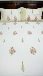 Spring Bouquet Hand Block Printed Cotton Bedsheet with Two Pillow Covers