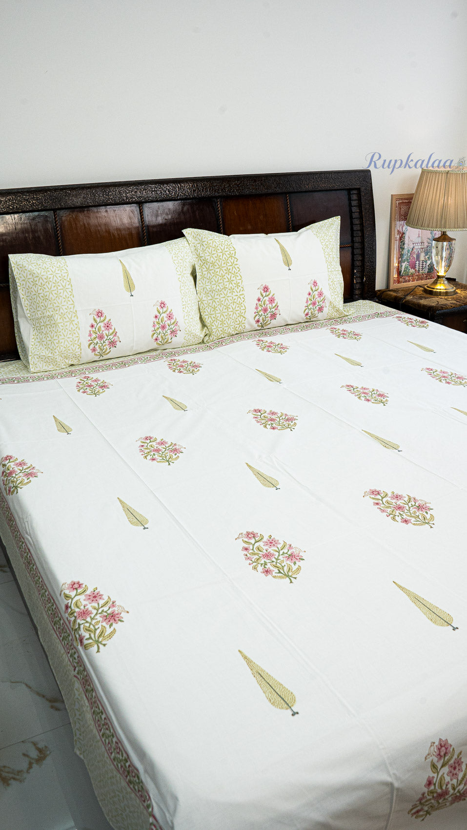 Spring Bouquet Hand Block Printed Cotton Bedsheet with Two Pillow Covers