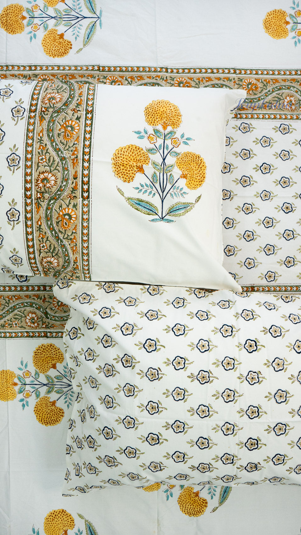 Quiet Bloom Hand Block Printed Cotton Bedsheet with Two Pillow Covers