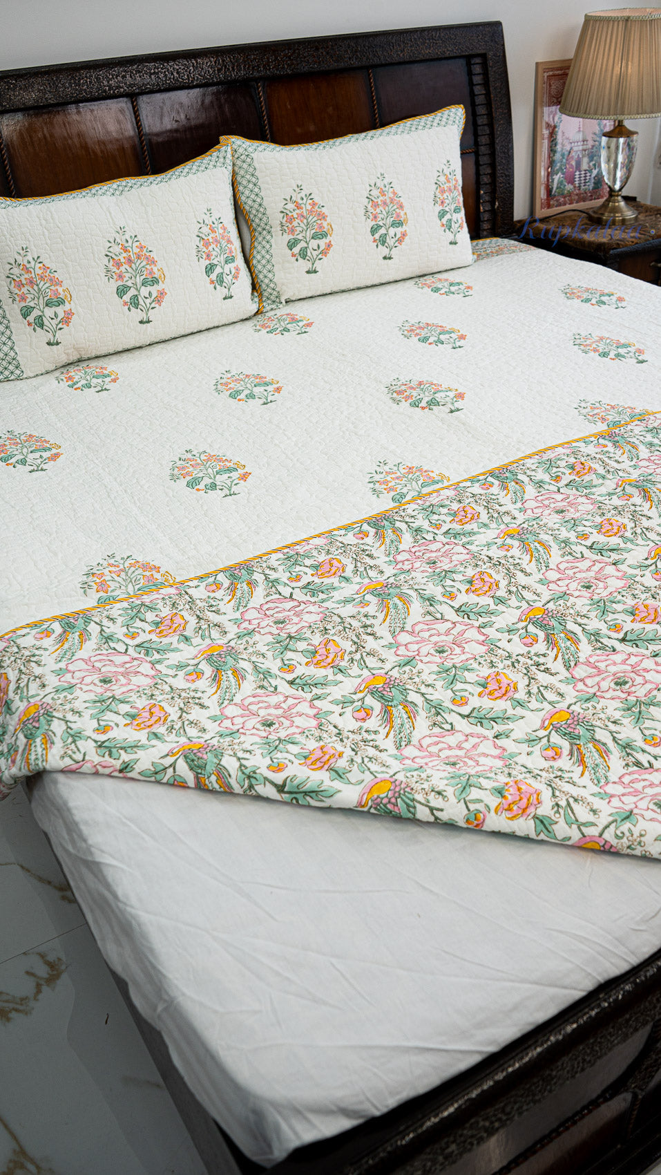 Blooming Flowers Hand Block Printed Cotton Reversible Quilted Bed Cover