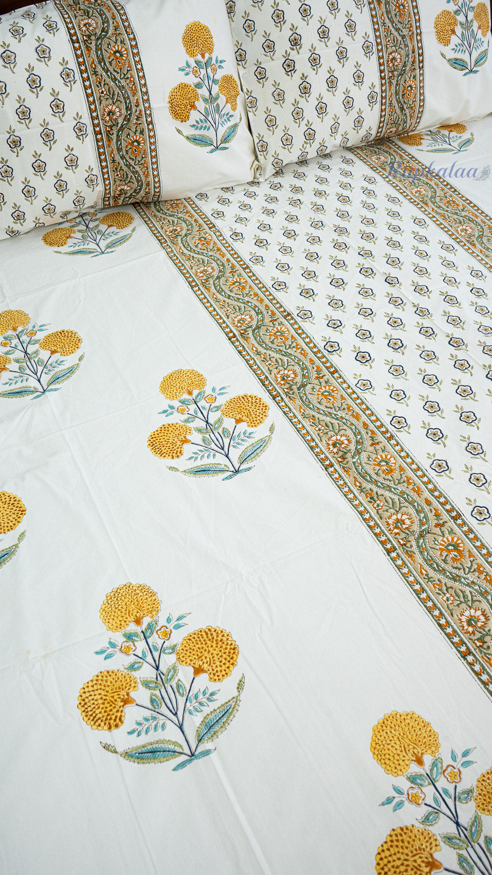 Quiet Bloom Hand Block Printed Cotton Bedsheet with Two Pillow Covers