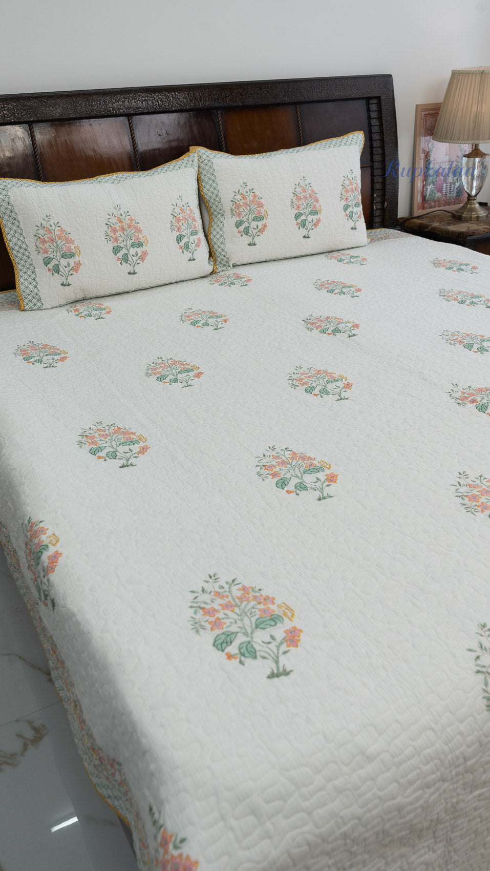 Blooming Flowers Hand Block Printed Cotton Reversible Quilted Bed Cover