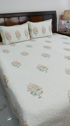 Blooming Flowers Hand Block Printed Cotton Reversible Quilted Bed Cover