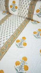 Quiet Bloom Hand Block Printed Cotton Bedsheet with Two Pillow Covers