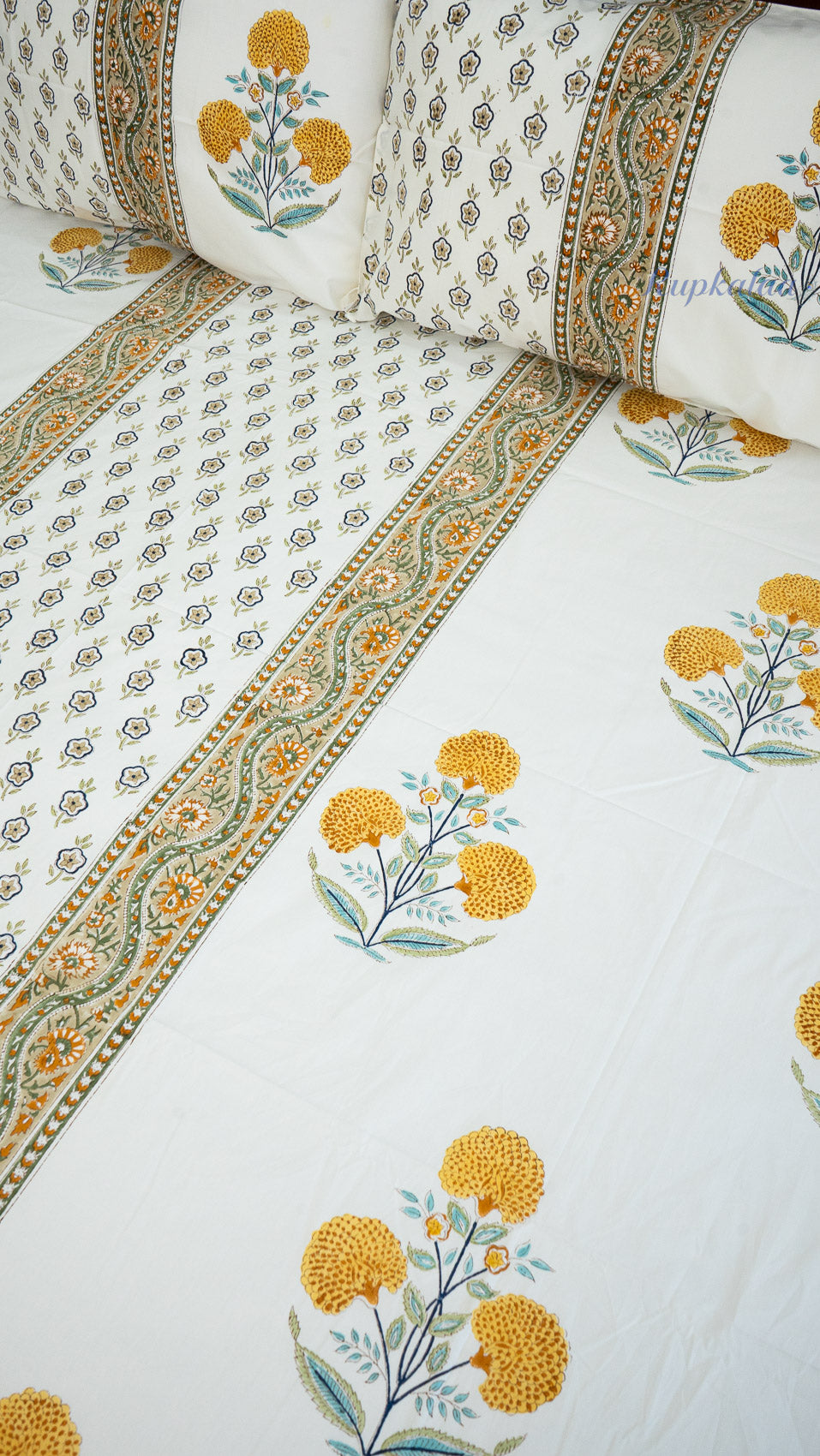 Quiet Bloom Hand Block Printed Cotton Bedsheet with Two Pillow Covers