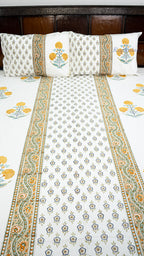 Quiet Bloom Hand Block Printed Cotton Bedsheet with Two Pillow Covers