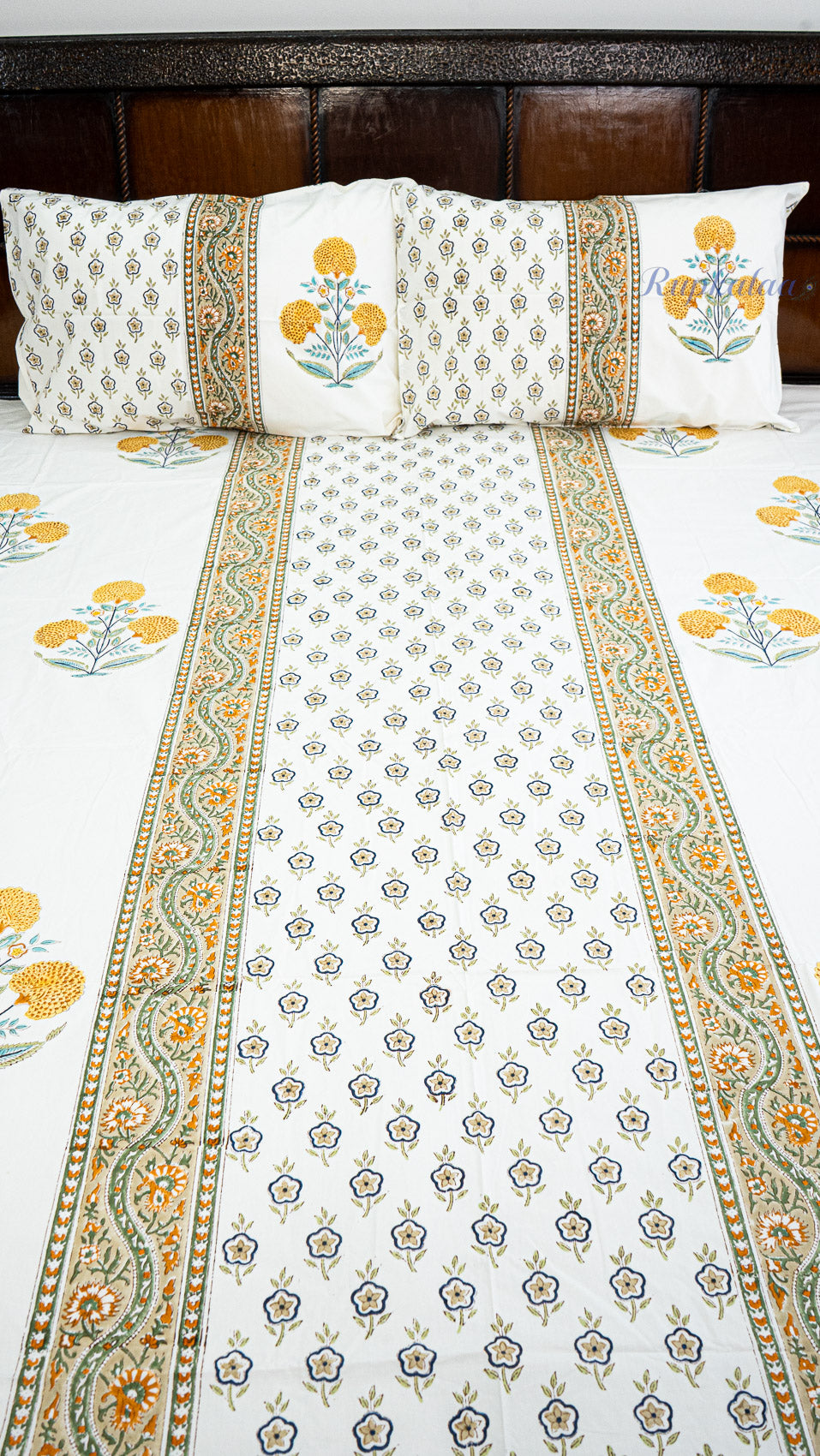 Quiet Bloom Hand Block Printed Cotton Bedsheet with Two Pillow Covers
