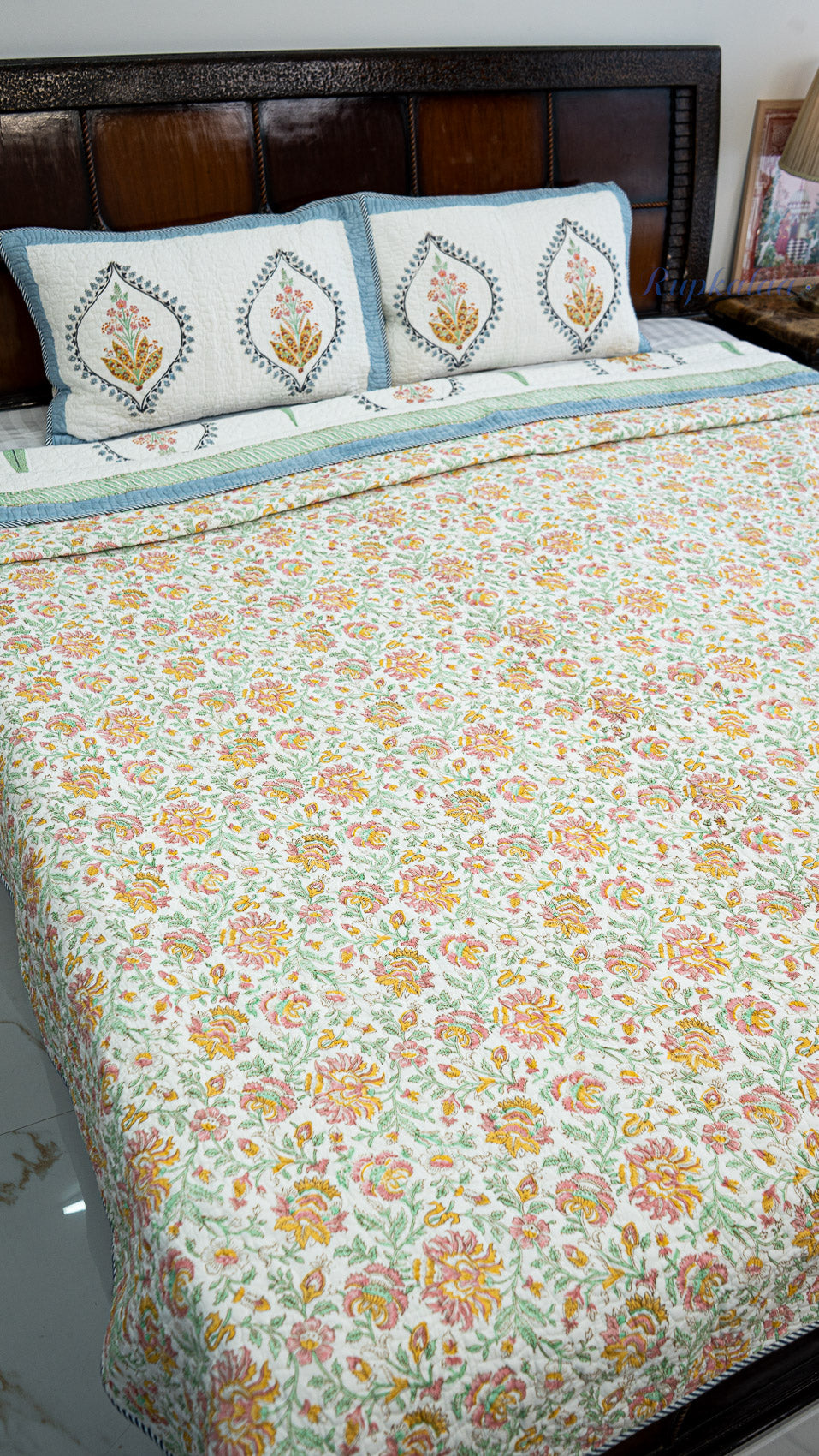 Pushp Angan Hand Block Printed Cotton Reversible Quilted Bed Cover