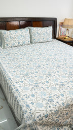 Blooming Vines Hand Block Printed Cotton Bedsheet with Two Pillow Covers
