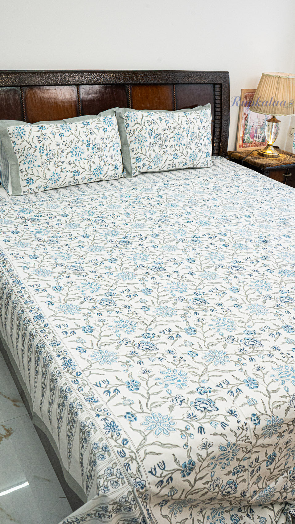 Blooming Vines Hand Block Printed Cotton Bedsheet with Two Pillow Covers