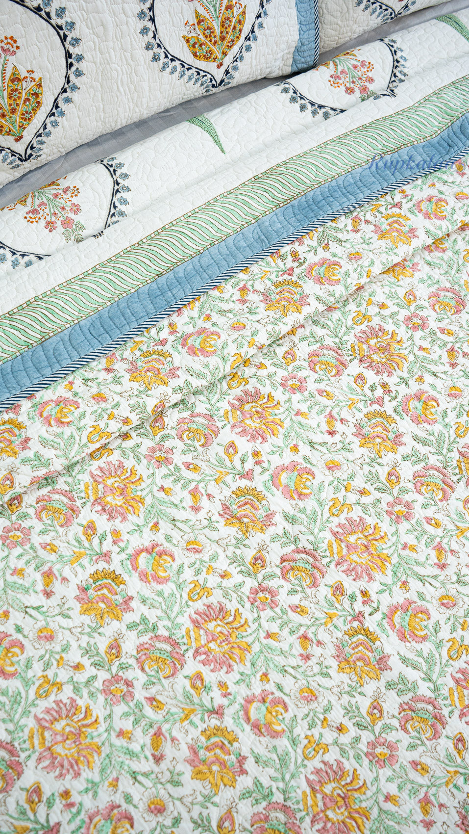 Pushp Angan Hand Block Printed Cotton Reversible Quilted Bed Cover
