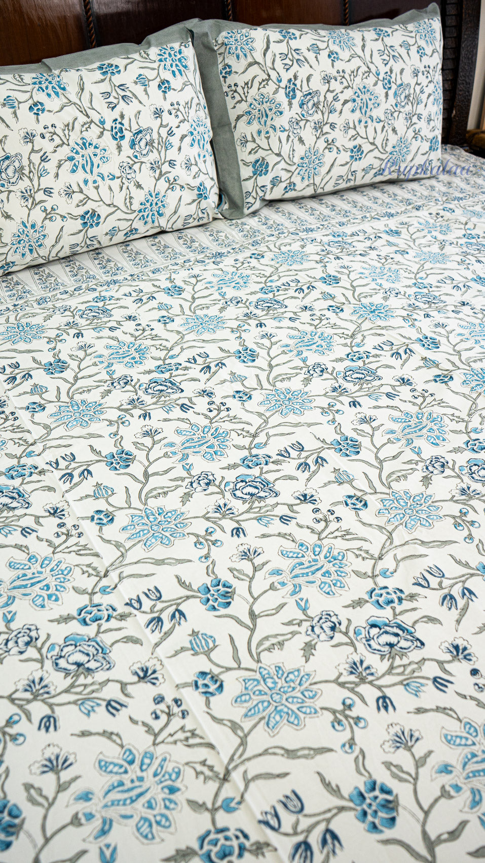 Blooming Vines Hand Block Printed Cotton Bedsheet with Two Pillow Covers