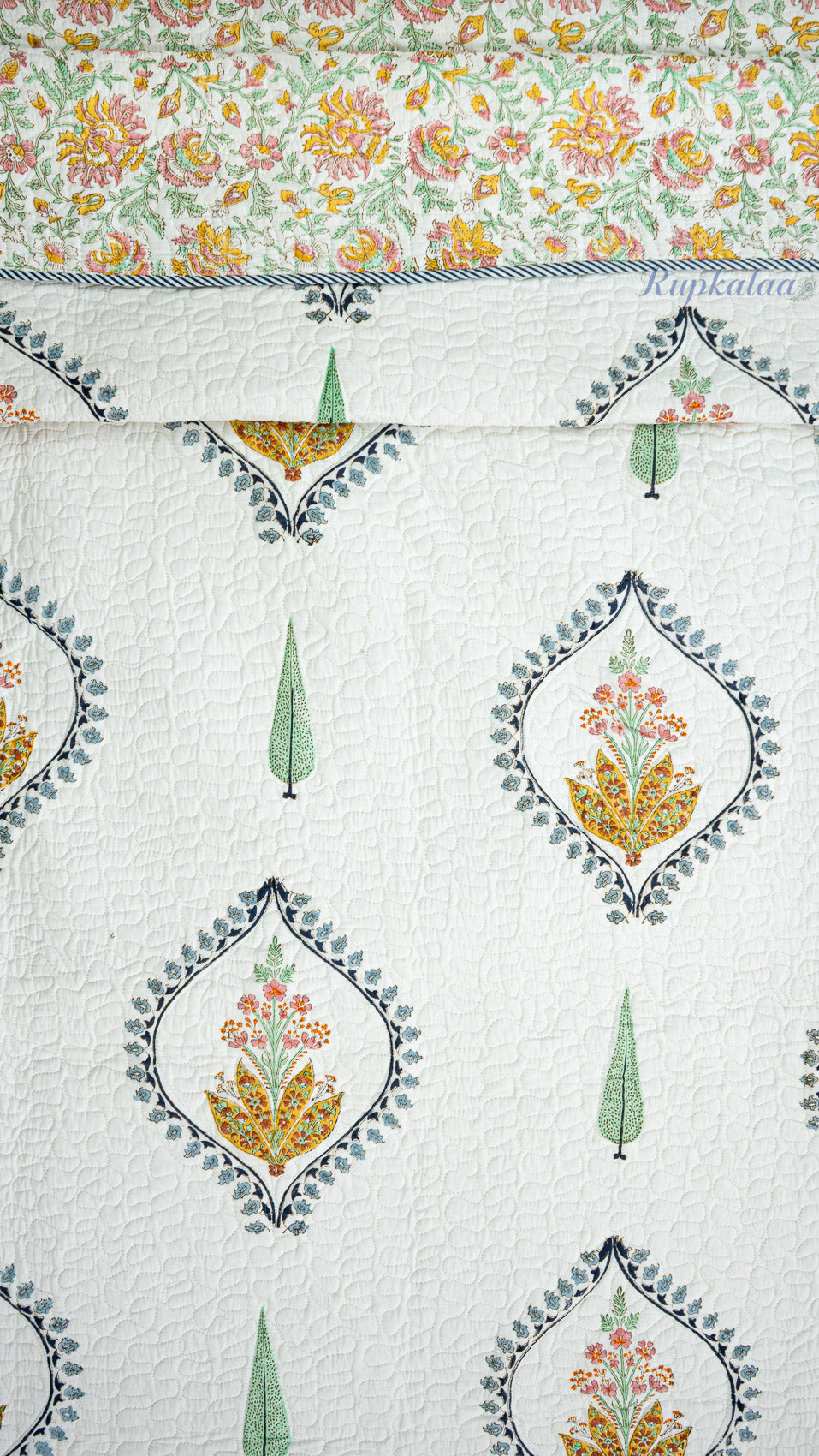 Pushp Angan Hand Block Printed Cotton Reversible Quilted Bed Cover