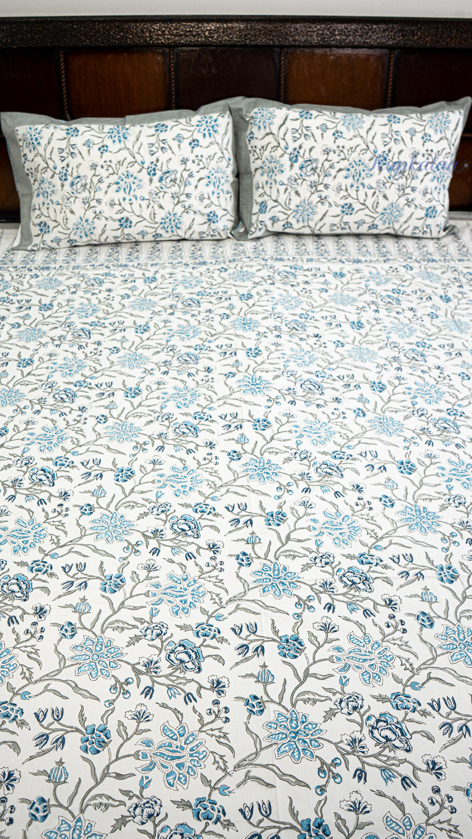 Blooming Vines Hand Block Printed Cotton Bedsheet with Two Pillow Covers