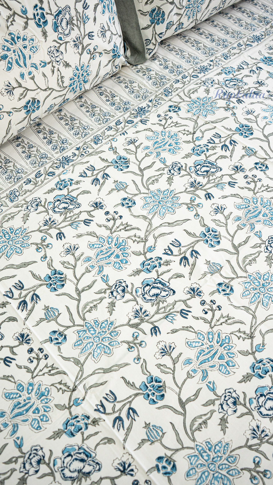 Blooming Vines Hand Block Printed Cotton Bedsheet with Two Pillow Covers