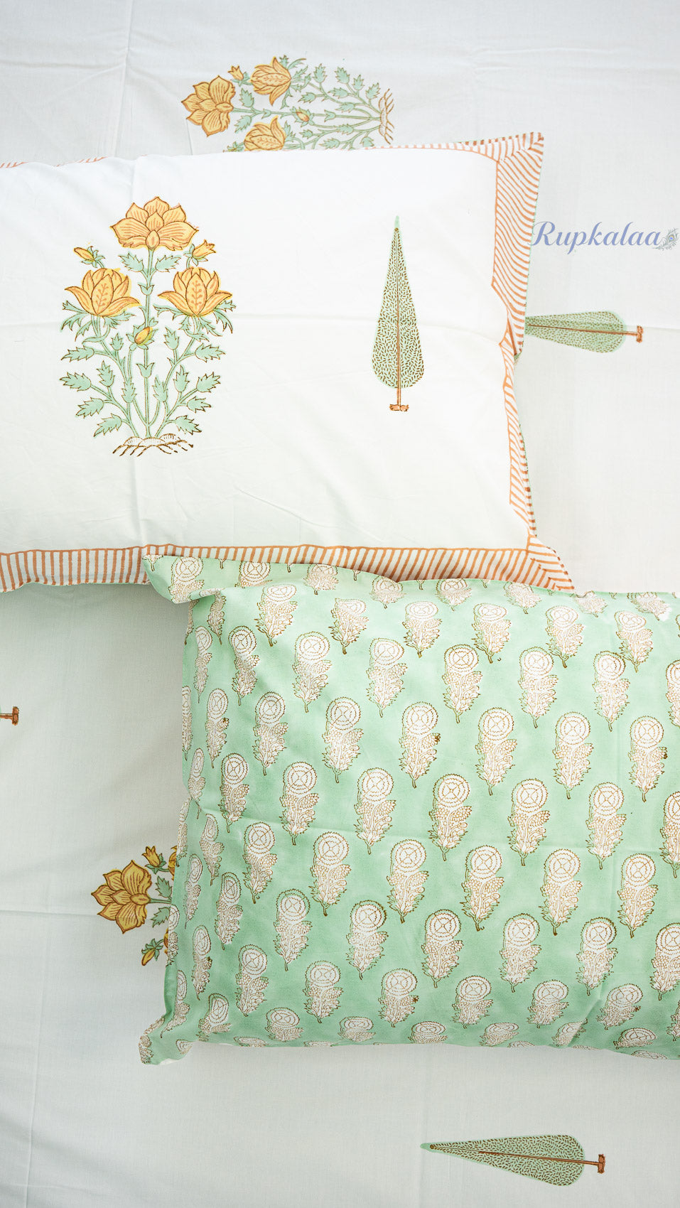 Whispering Blooms Hand Block Printed Cotton Bedsheet with Two Pillow Covers