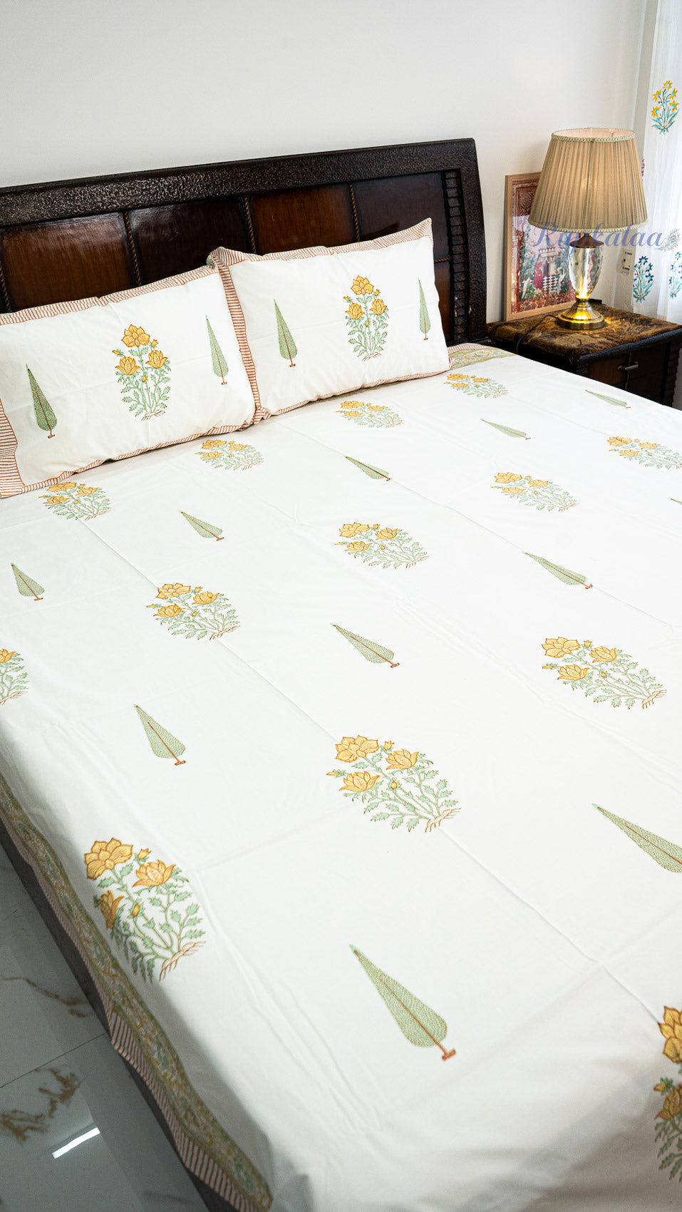 Whispering Blooms Hand Block Printed Cotton Bedsheet with Two Pillow Covers