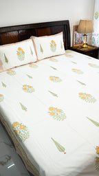 Whispering Blooms Hand Block Printed Cotton Bedsheet with Two Pillow Covers