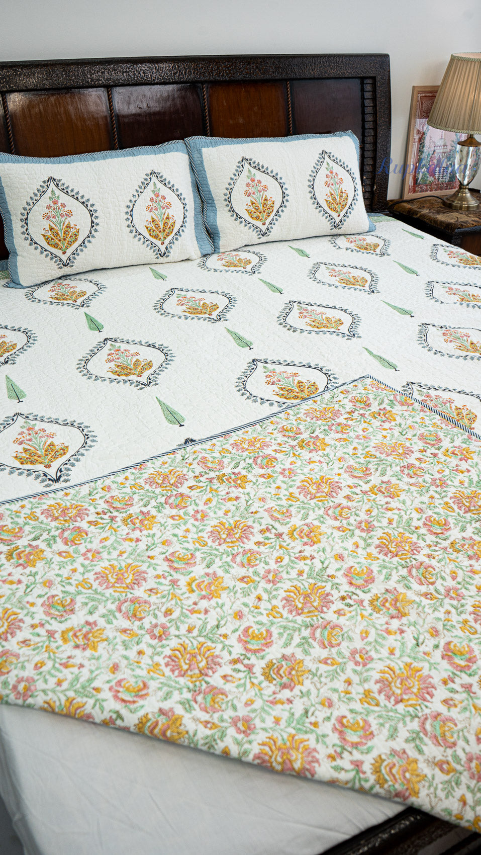 Pushp Angan Hand Block Printed Cotton Reversible Quilted Bed Cover