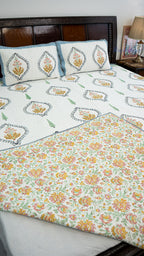 Pushp Angan Hand Block Printed Cotton Reversible Quilted Bed Cover