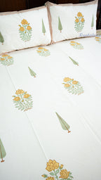 Whispering Blooms Hand Block Printed Cotton Bedsheet with Two Pillow Covers