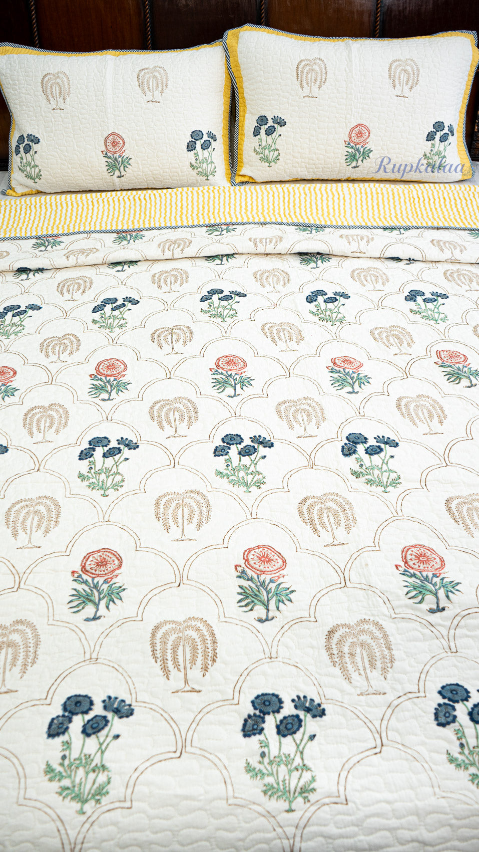 Botanica Hand Block Printed Cotton Reversible Quilted Bed Cover