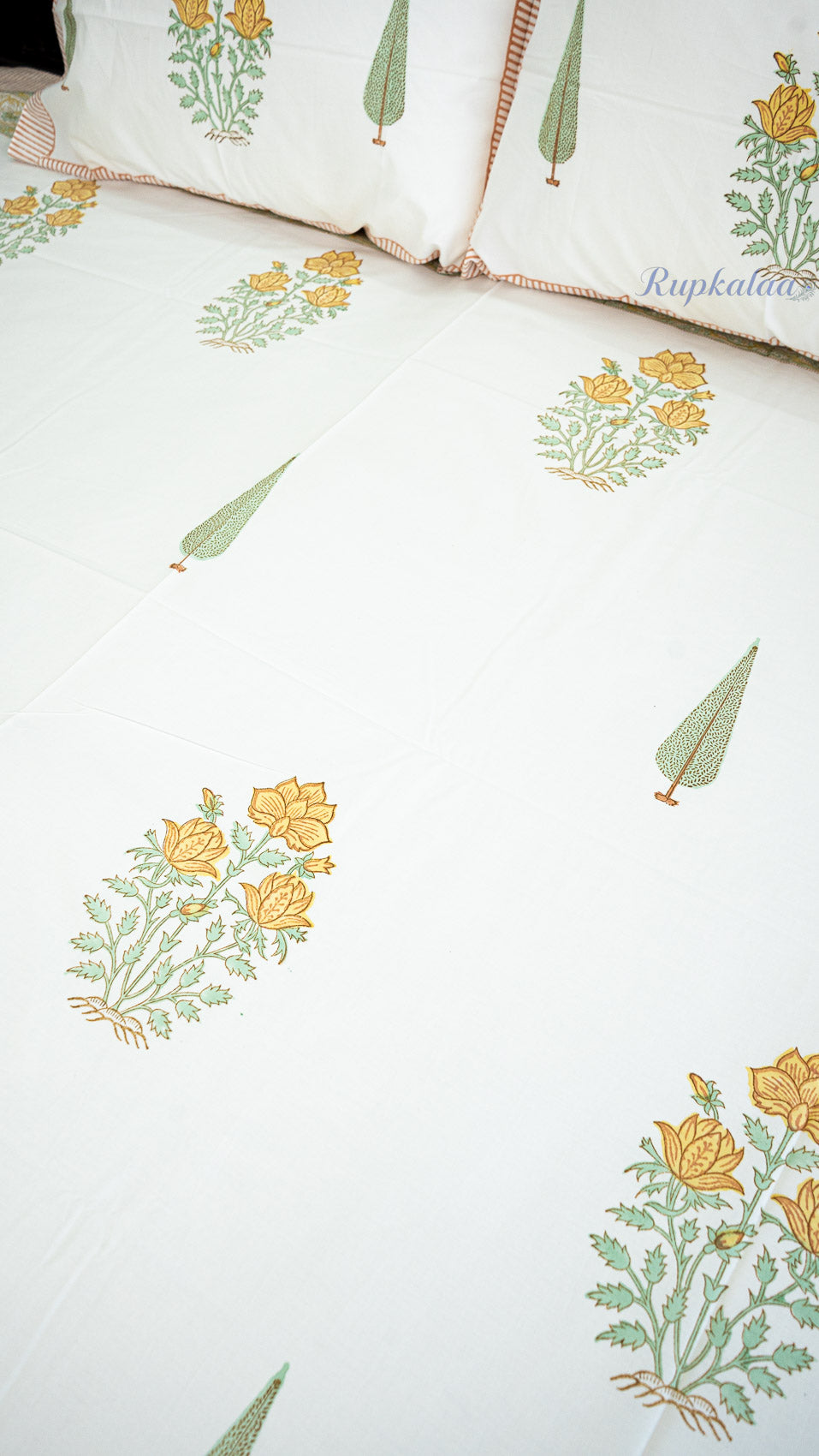 Whispering Blooms Hand Block Printed Cotton Bedsheet with Two Pillow Covers