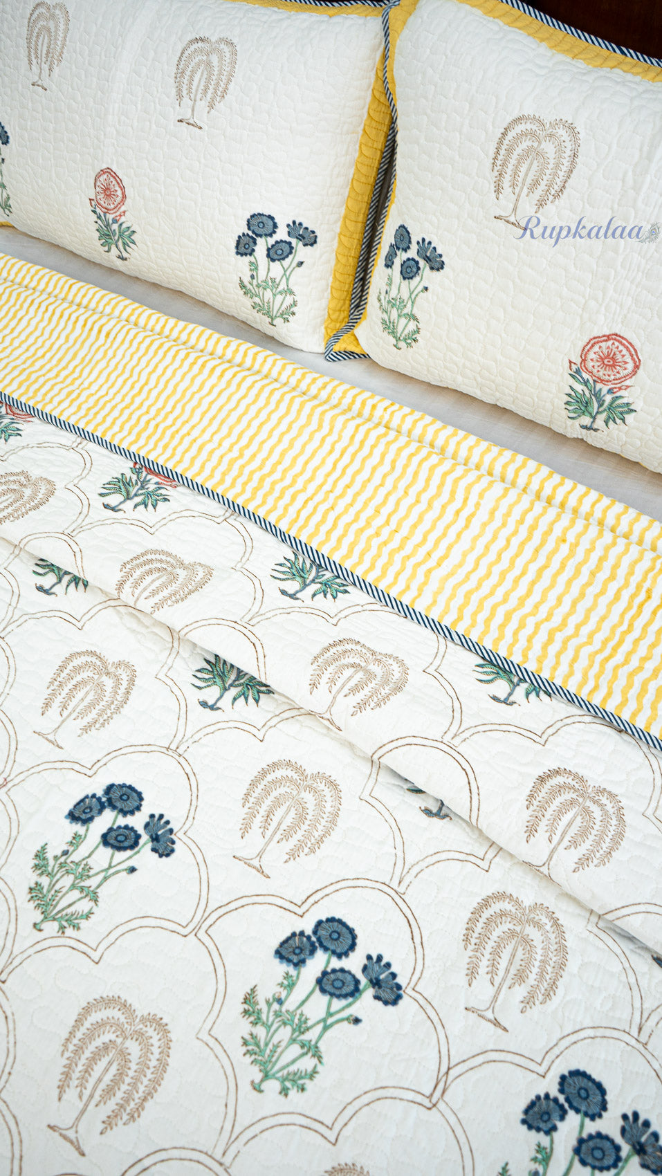 Botanica Hand Block Printed Cotton Reversible Quilted Bed Cover