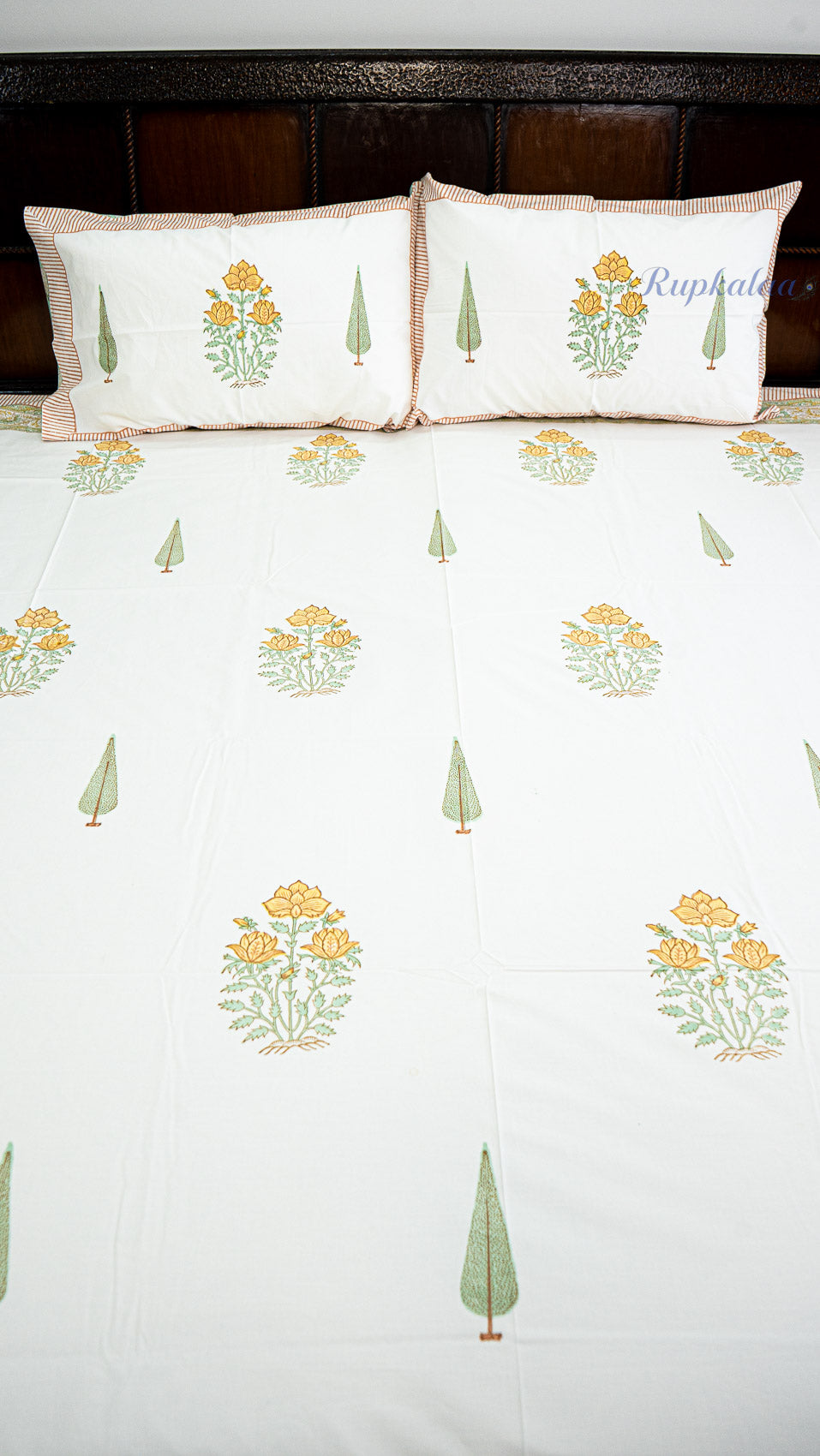 Whispering Blooms Hand Block Printed Cotton Bedsheet with Two Pillow Covers