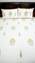 Whispering Blooms Hand Block Printed Cotton Bedsheet with Two Pillow Covers