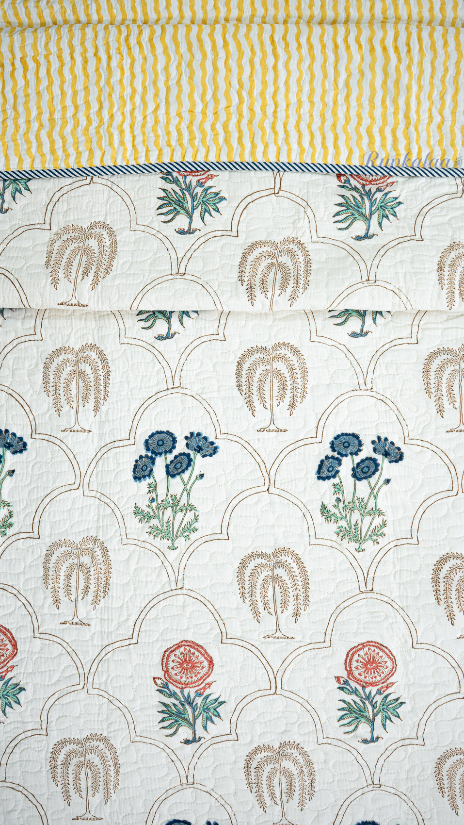 Botanica Hand Block Printed Cotton Reversible Quilted Bed Cover