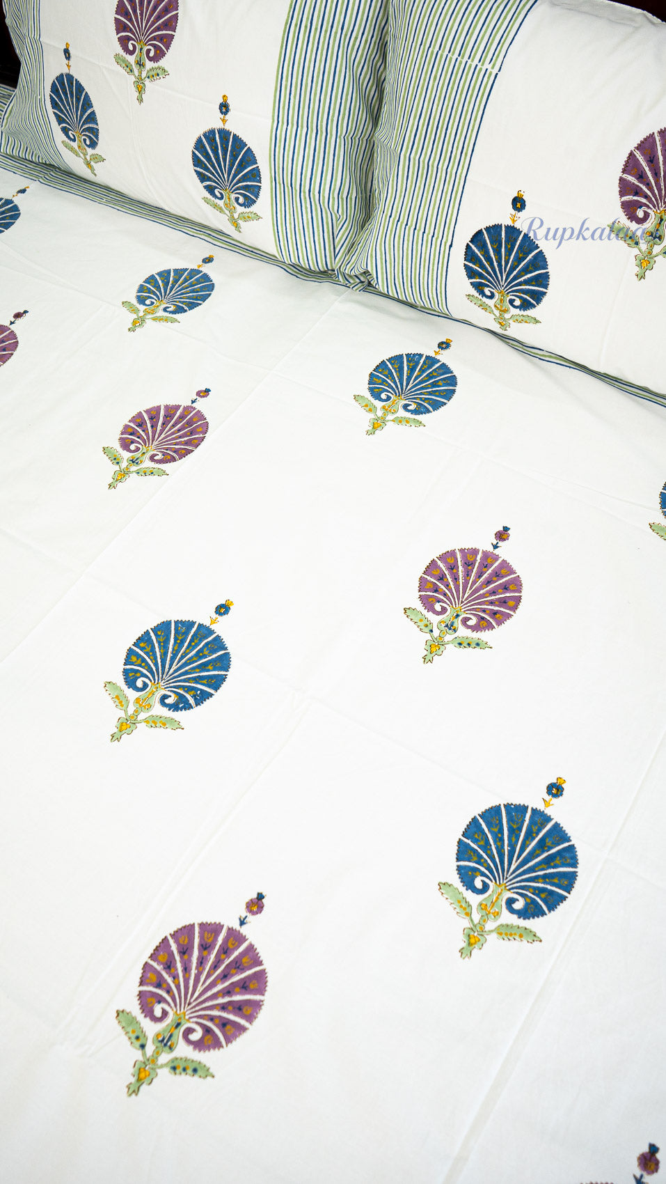 Wild Meadow Hand Block Printed Cotton Bedsheet with Two Pillow Covers