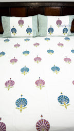 Wild Meadow Hand Block Printed Cotton Bedsheet with Two Pillow Covers