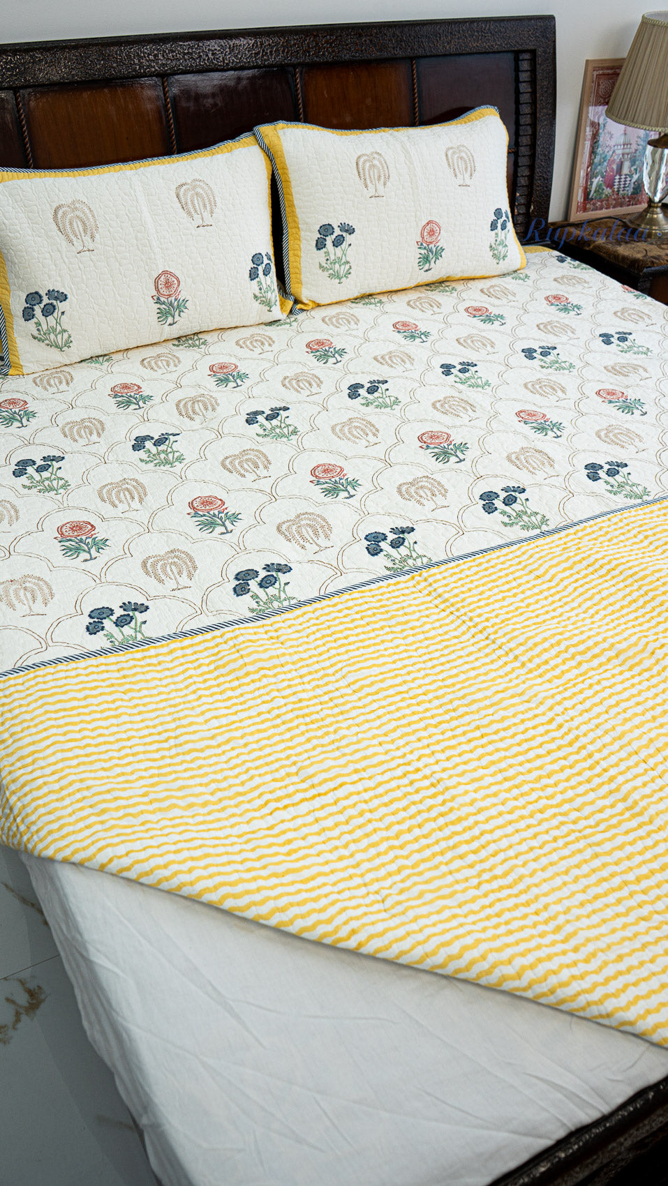 Botanica Hand Block Printed Cotton Reversible Quilted Bed Cover