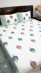 Wild Meadow Hand Block Printed Cotton Bedsheet with Two Pillow Covers